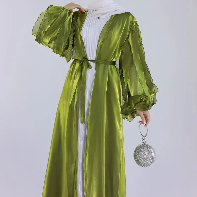 Heidi-Mode | Petal Puff Sleeve Satin Strickjacke Offene Abaya Kleid Muslim Frauen