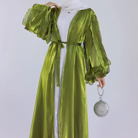 Heidi-Mode | Petal Puff Sleeve Satin Strickjacke Offene Abaya Kleid Muslim Frauen