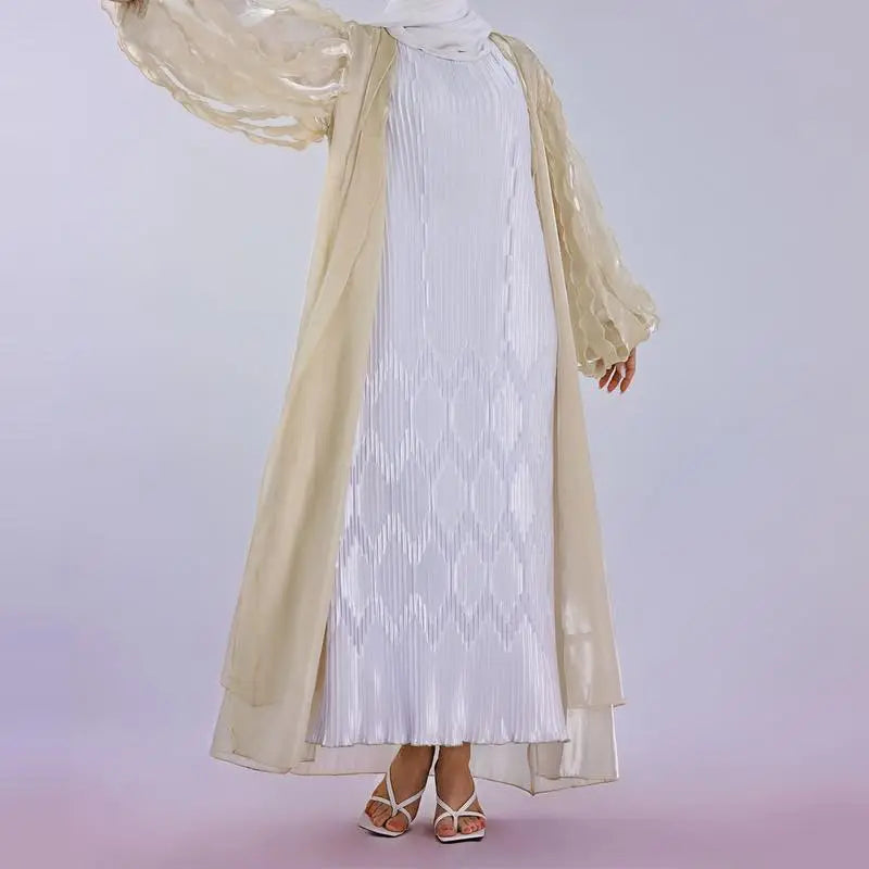 Heidi-Mode | Petal Puff Sleeve Satin Strickjacke Offene Abaya Kleid Muslim Frauen
