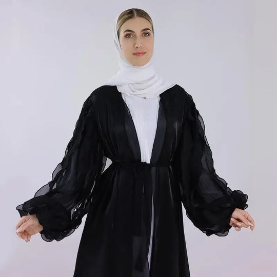Heidi-Mode | Petal Puff Sleeve Satin Strickjacke Offene Abaya Kleid Muslim Frauen