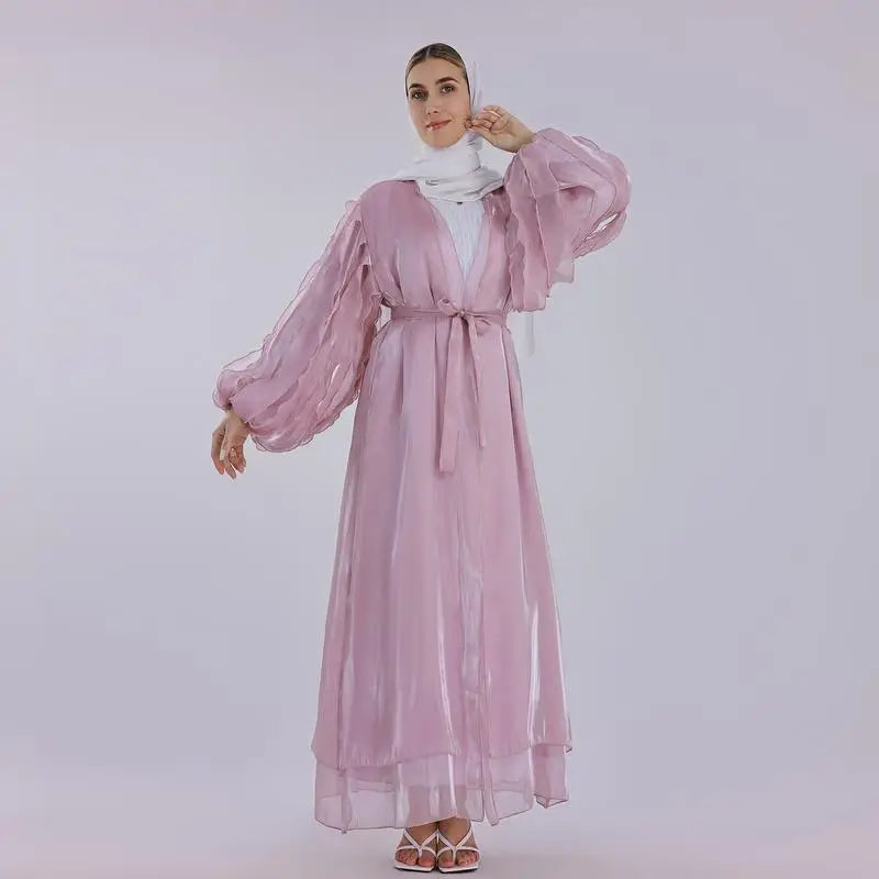 Heidi-Mode | Petal Puff Sleeve Satin Strickjacke Offene Abaya Kleid Muslim Frauen
