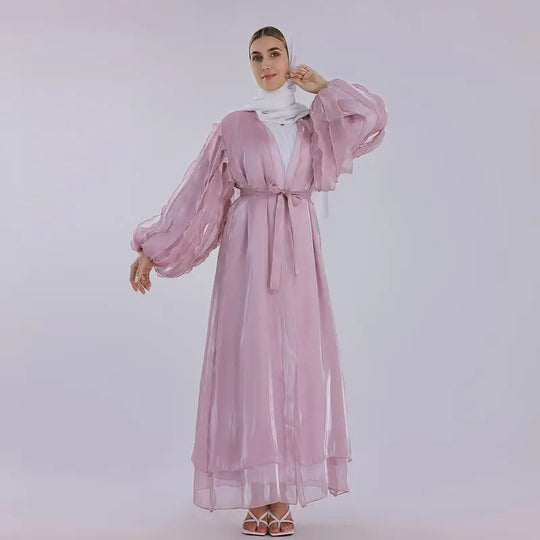 Heidi-Mode | Petal Puff Sleeve Satin Strickjacke Offene Abaya Kleid Muslim Frauen