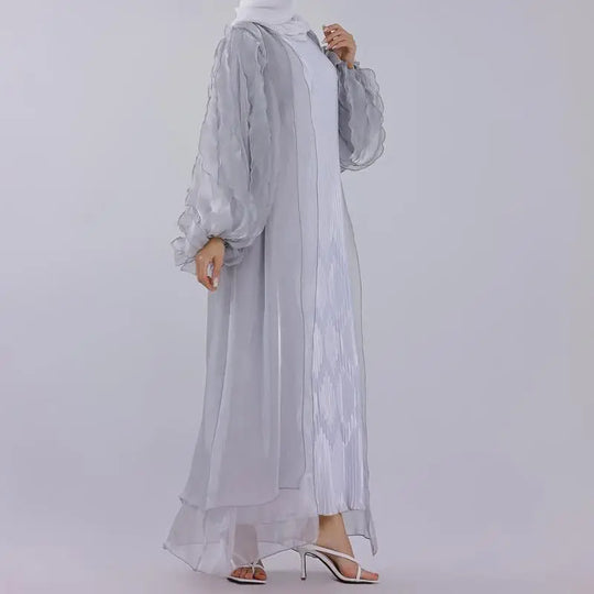 Heidi-Mode | Petal Puff Sleeve Satin Strickjacke Offene Abaya Kleid Muslim Frauen