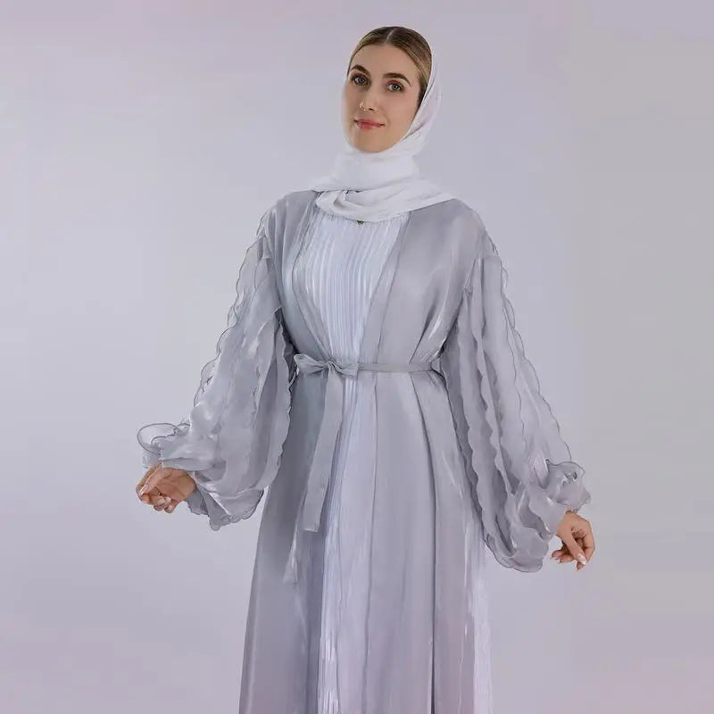 Heidi-Mode | Petal Puff Sleeve Satin Strickjacke Offene Abaya Kleid Muslim Frauen