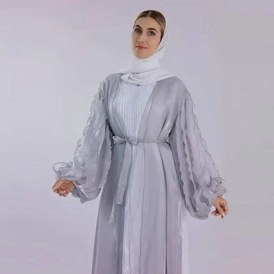 Heidi-Mode | Petal Puff Sleeve Satin Strickjacke Offene Abaya Kleid Muslim Frauen