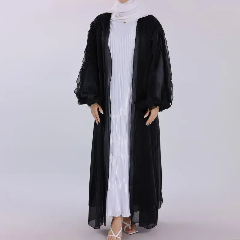 Heidi-Mode | Petal Puff Sleeve Satin Strickjacke Offene Abaya Kleid Muslim Frauen