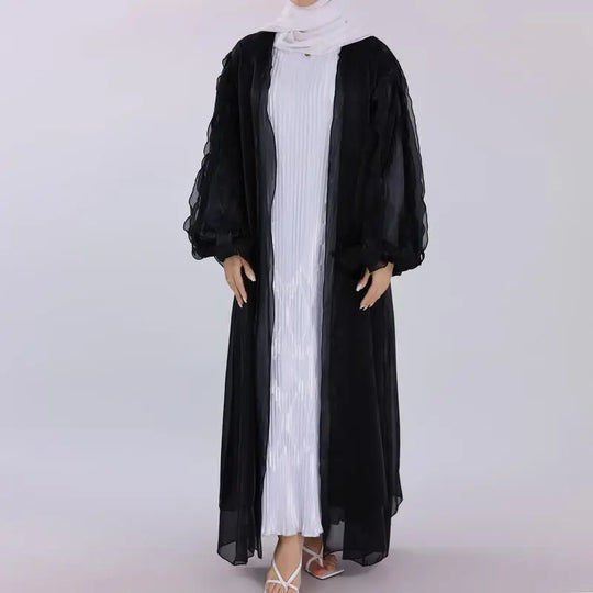 Heidi-Mode | Petal Puff Sleeve Satin Strickjacke Offene Abaya Kleid Muslim Frauen