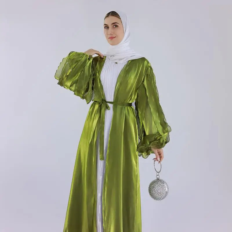 Heidi-Mode | Petal Puff Sleeve Satin Strickjacke Offene Abaya Kleid Muslim Frauen
