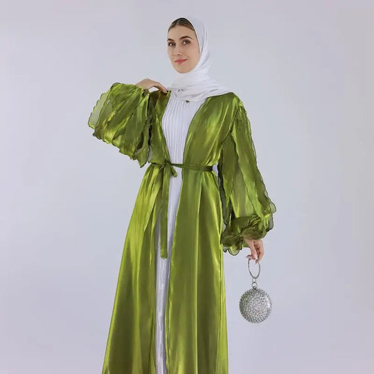 Heidi-Mode | Petal Puff Sleeve Satin Strickjacke Offene Abaya Kleid Muslim Frauen