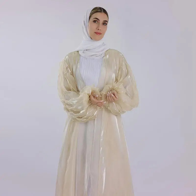 Heidi-Mode | Petal Puff Sleeve Satin Strickjacke Offene Abaya Kleid Muslim Frauen