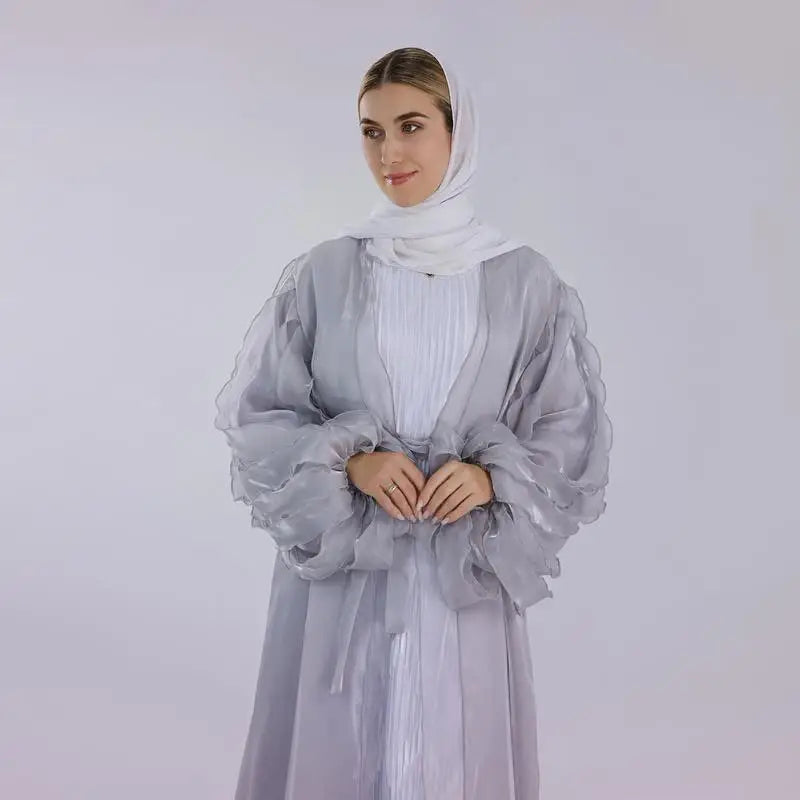 Heidi-Mode | Petal Puff Sleeve Satin Strickjacke Offene Abaya Kleid Muslim Frauen