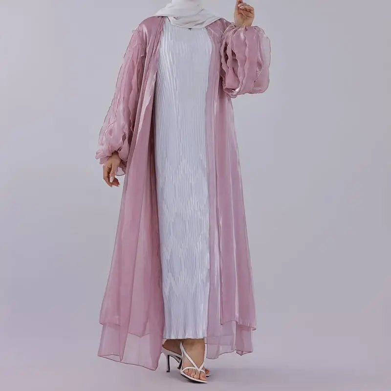 Heidi-Mode | Petal Puff Sleeve Satin Strickjacke Offene Abaya Kleid Muslim Frauen