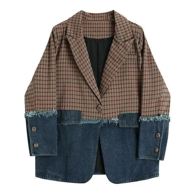 Heidi-Mode | Karierte Denim Übergröße Blazer Damen - Lässig - Patchwork