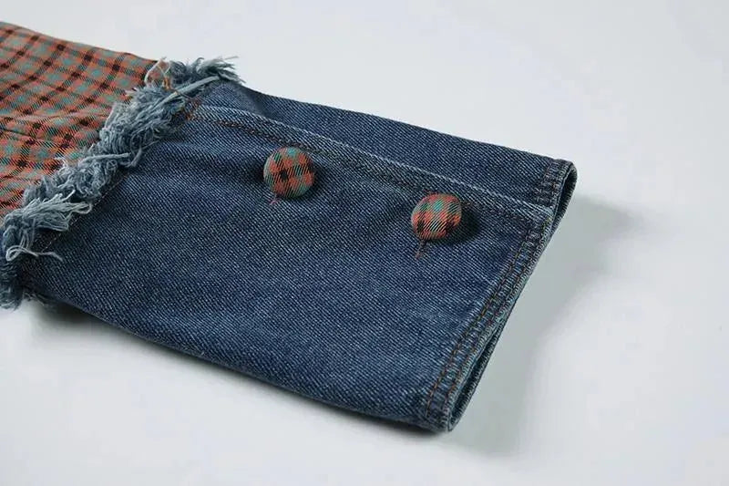 Heidi-Mode | Karierte Denim Übergröße Blazer Damen - Lässig - Patchwork