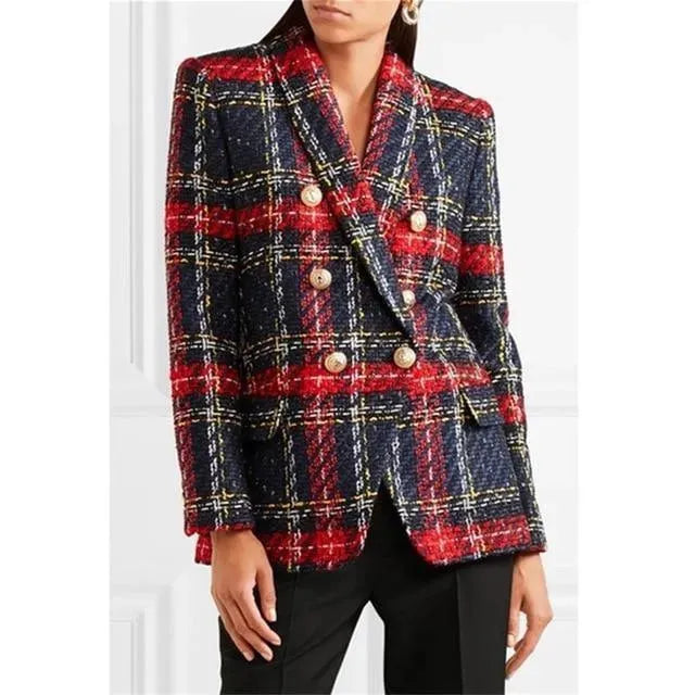 Heidi-Mode | Karierte Tweed Blazer - Doppelreiher Blazer Damen - Lässig - Karierte
