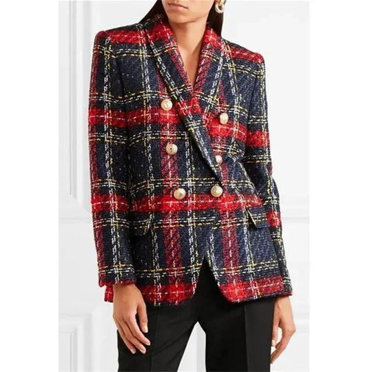 Heidi-Mode | Karierte Tweed Blazer - Doppelreiher Blazer Damen - Lässig - Karierte