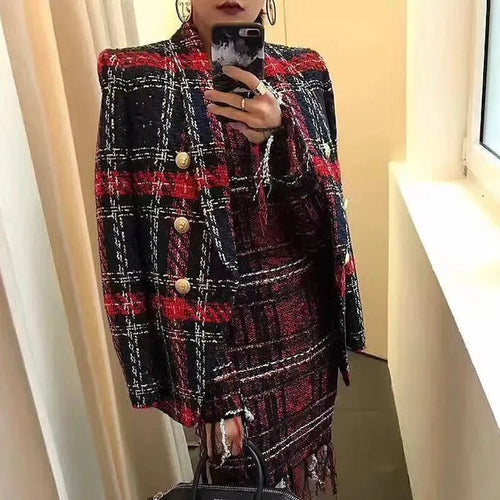 Heidi-Mode | Karierte Tweed Blazer - Doppelreiher Blazer Damen - Lässig - Karierte