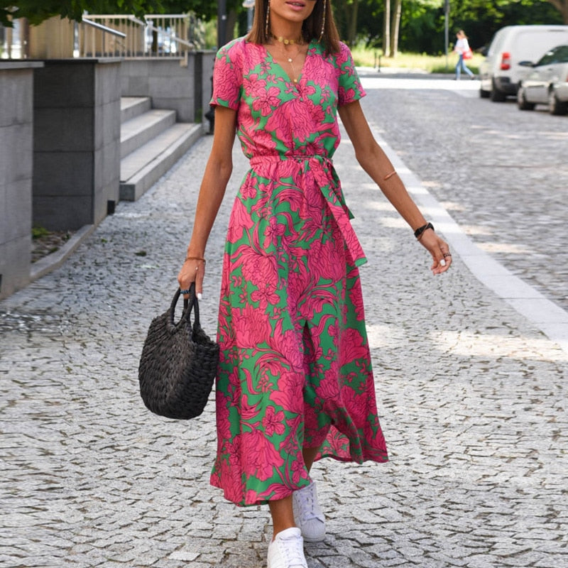 Heidi-Mode | Blumen Kleid Lang Rosa