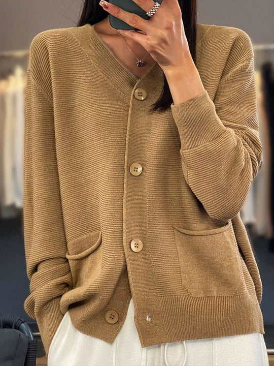 Heidi-Mode | Strickjacke mit Taschen Einfarbig V-Ausschnitt Gestrickte Strickjacke, Einfach und Vielseitig