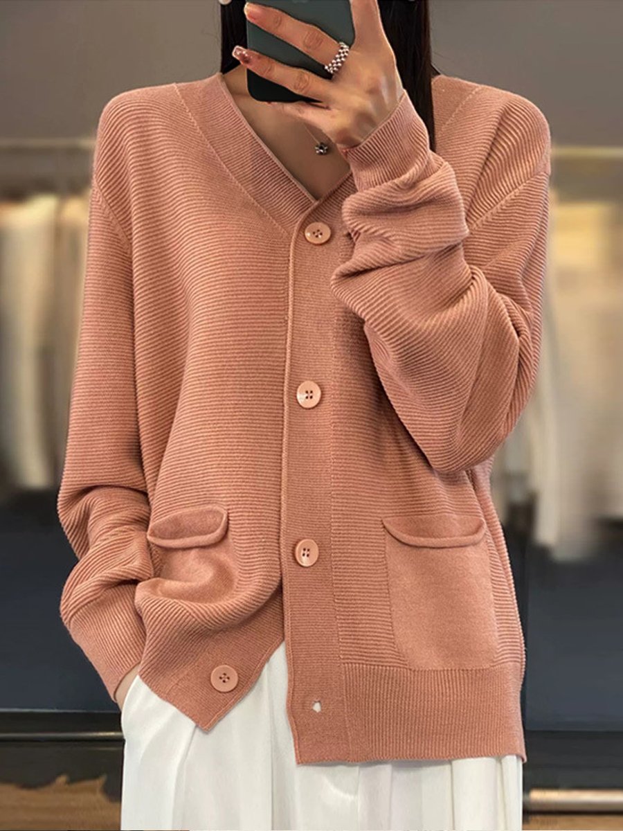 Heidi-Mode | Strickjacke mit Taschen Einfarbig V-Ausschnitt Gestrickte Strickjacke, Einfach und Vielseitig