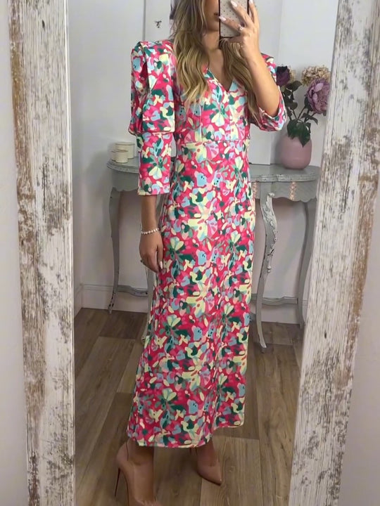 Florales Midi-Ärmel-Kleid mit V-Ausschnitt