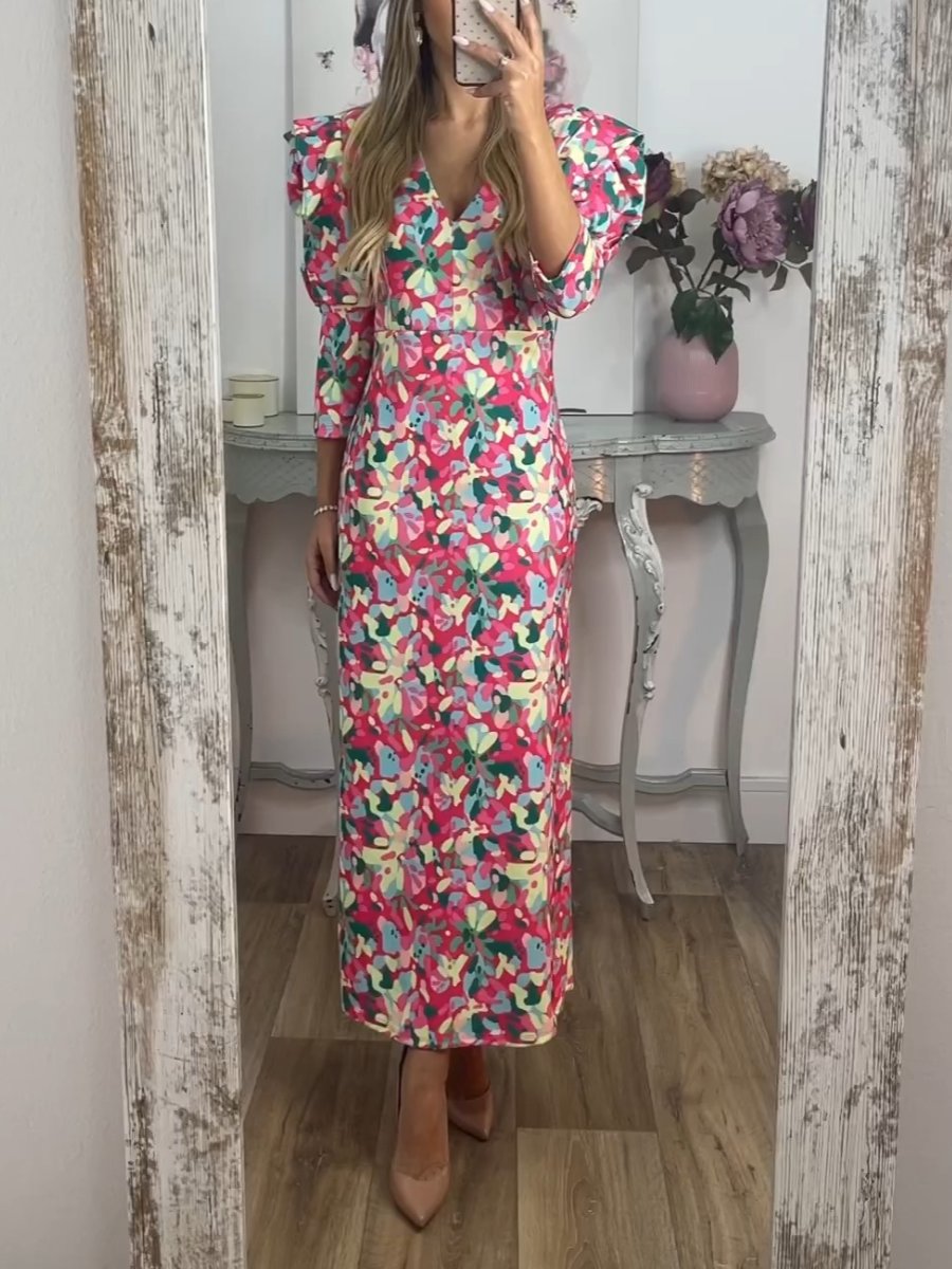 Florales Midi-Ärmel-Kleid mit V-Ausschnitt