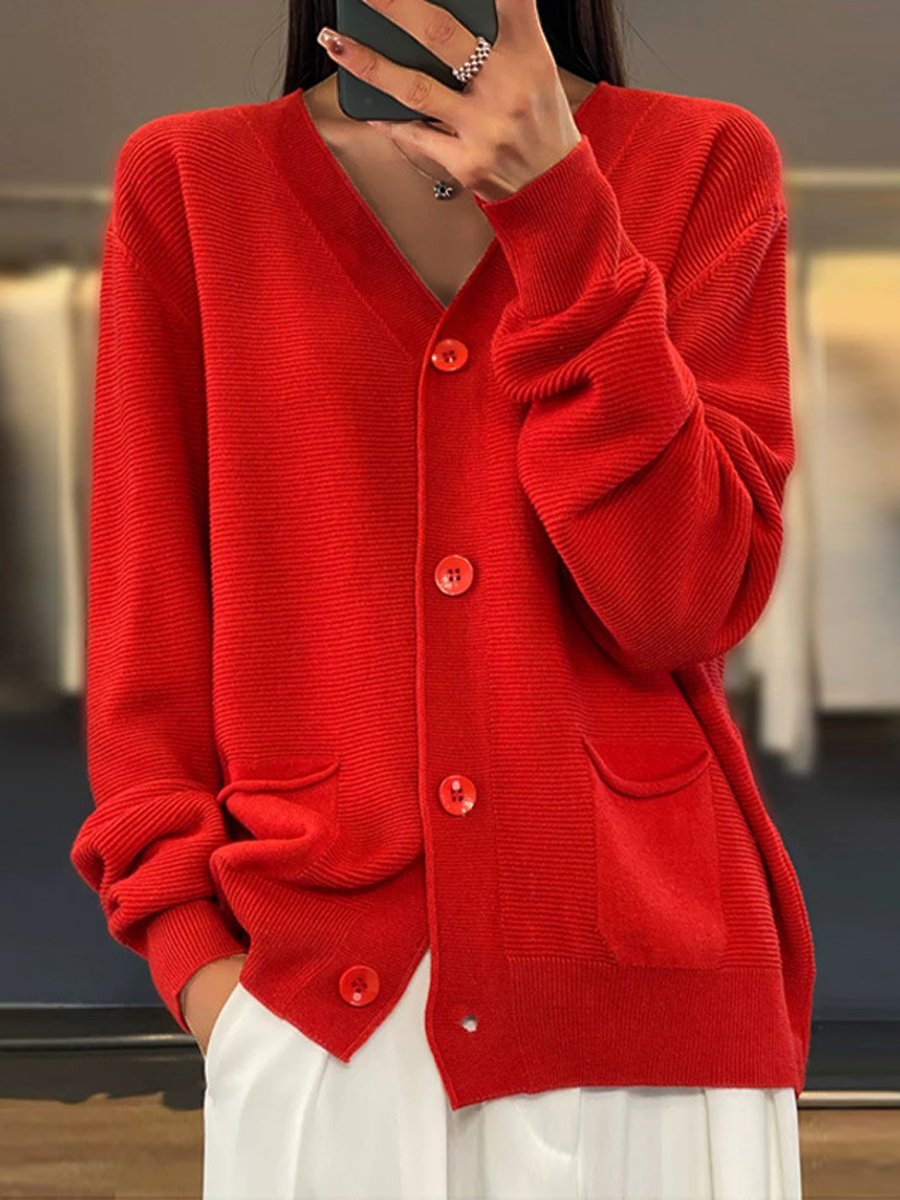Heidi-Mode | Strickjacke mit Taschen Einfarbig V-Ausschnitt Gestrickte Strickjacke, Einfach und Vielseitig