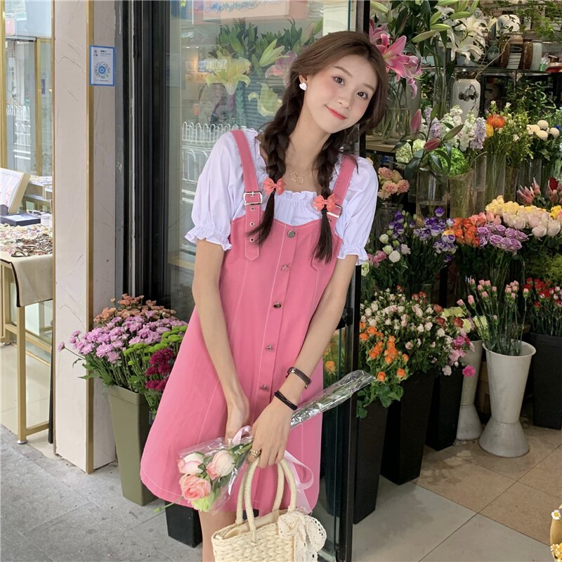 Heidi-Mode | 2-In-1 Knop-Down Latzkleid + Rüschbluse mit Puffärmeln