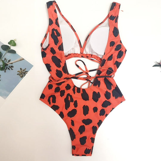 Heidi-Mode | Roter Leopardenbadeanzug Einteiler Bandage Sexy Bikini Pushup