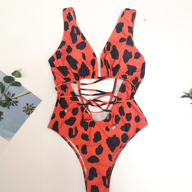 Heidi-Mode | Roter Leopardenbadeanzug Einteiler Bandage Sexy Bikini Pushup