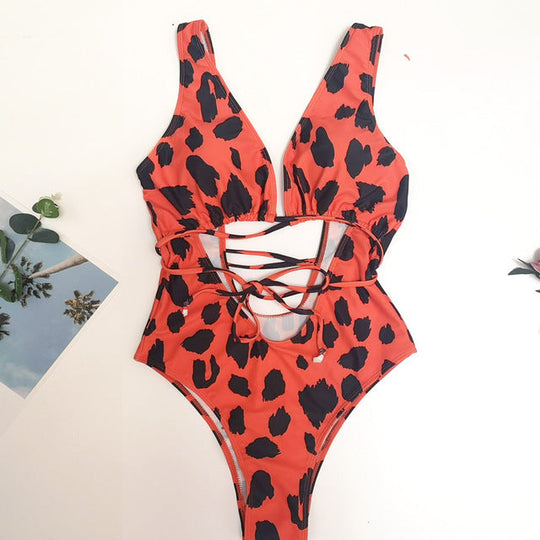 Heidi-Mode | Roter Leopardenbadeanzug Einteiler Bandage Sexy Bikini Pushup