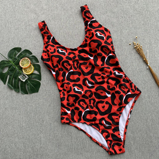 Heidi-Mode | Roter Leopardenbadeanzug Einteiler Bandage Sexy Bikini Pushup