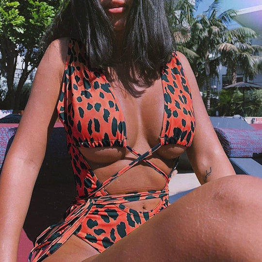 Heidi-Mode | Roter Leopardenbadeanzug Einteiler Bandage Sexy Bikini Pushup