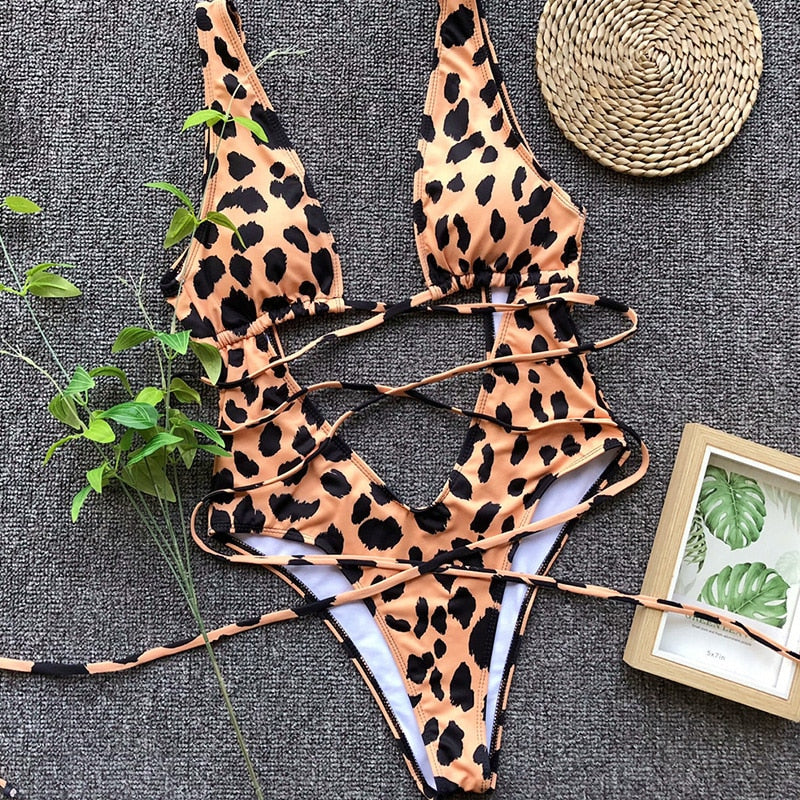 Heidi-Mode | Roter Leopardenbadeanzug Einteiler Bandage Sexy Bikini Pushup