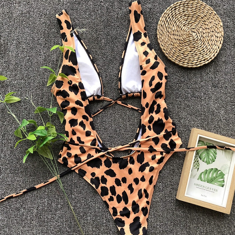 Heidi-Mode | Roter Leopardenbadeanzug Einteiler Bandage Sexy Bikini Pushup