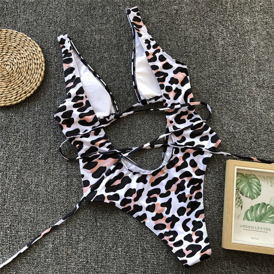 Heidi-Mode | Roter Leopardenbadeanzug Einteiler Bandage Sexy Bikini Pushup