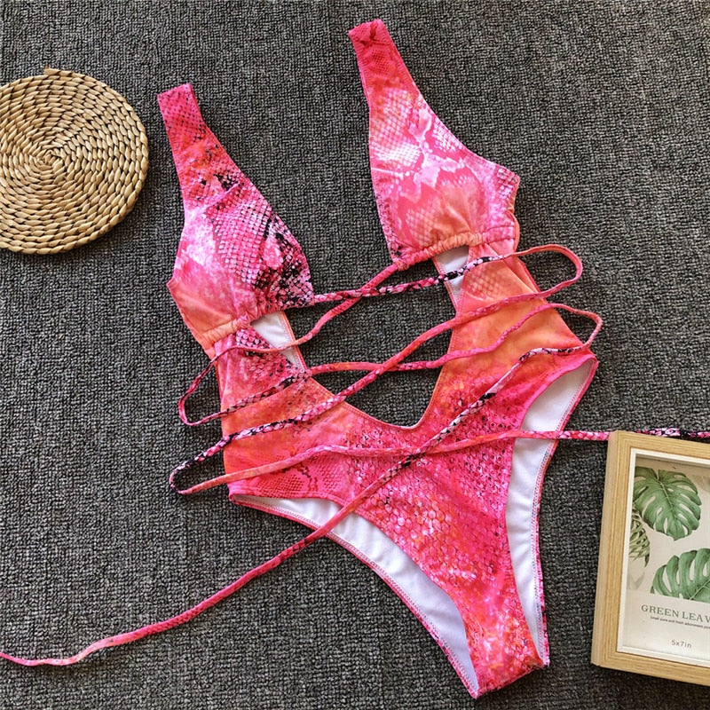 Heidi-Mode | Roter Leopardenbadeanzug Einteiler Bandage Sexy Bikini Pushup