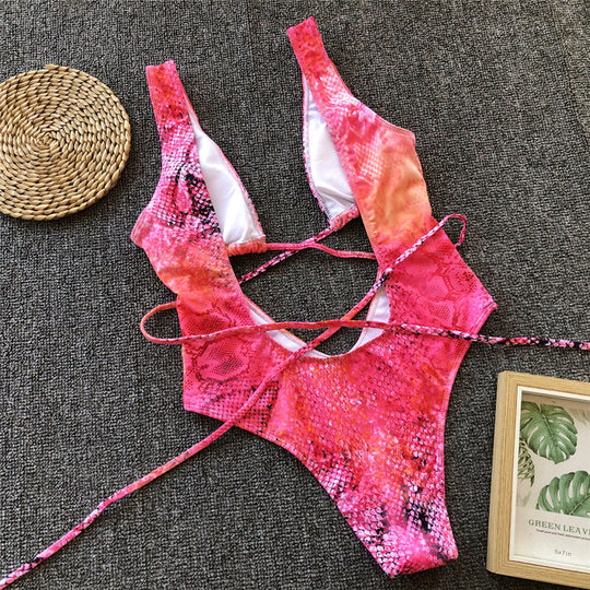 Heidi-Mode | Roter Leopardenbadeanzug Einteiler Bandage Sexy Bikini Pushup