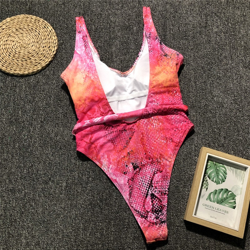 Heidi-Mode | Roter Leopardenbadeanzug Einteiler Bandage Sexy Bikini Pushup