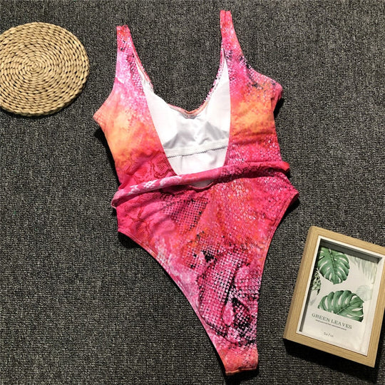 Heidi-Mode | Roter Leopardenbadeanzug Einteiler Bandage Sexy Bikini Pushup
