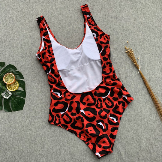 Heidi-Mode | Roter Leopardenbadeanzug Einteiler Bandage Sexy Bikini Pushup