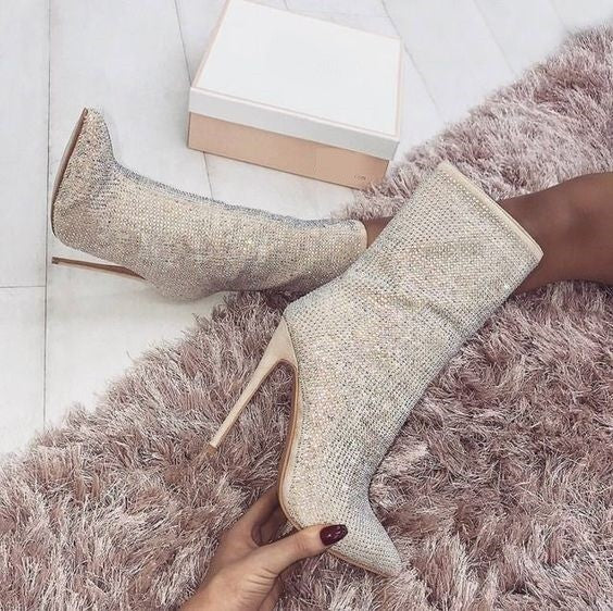 Heidi-Mode | Mokka Hochhackige Schuhe mit Strass und Seitlichem Reißverschluss