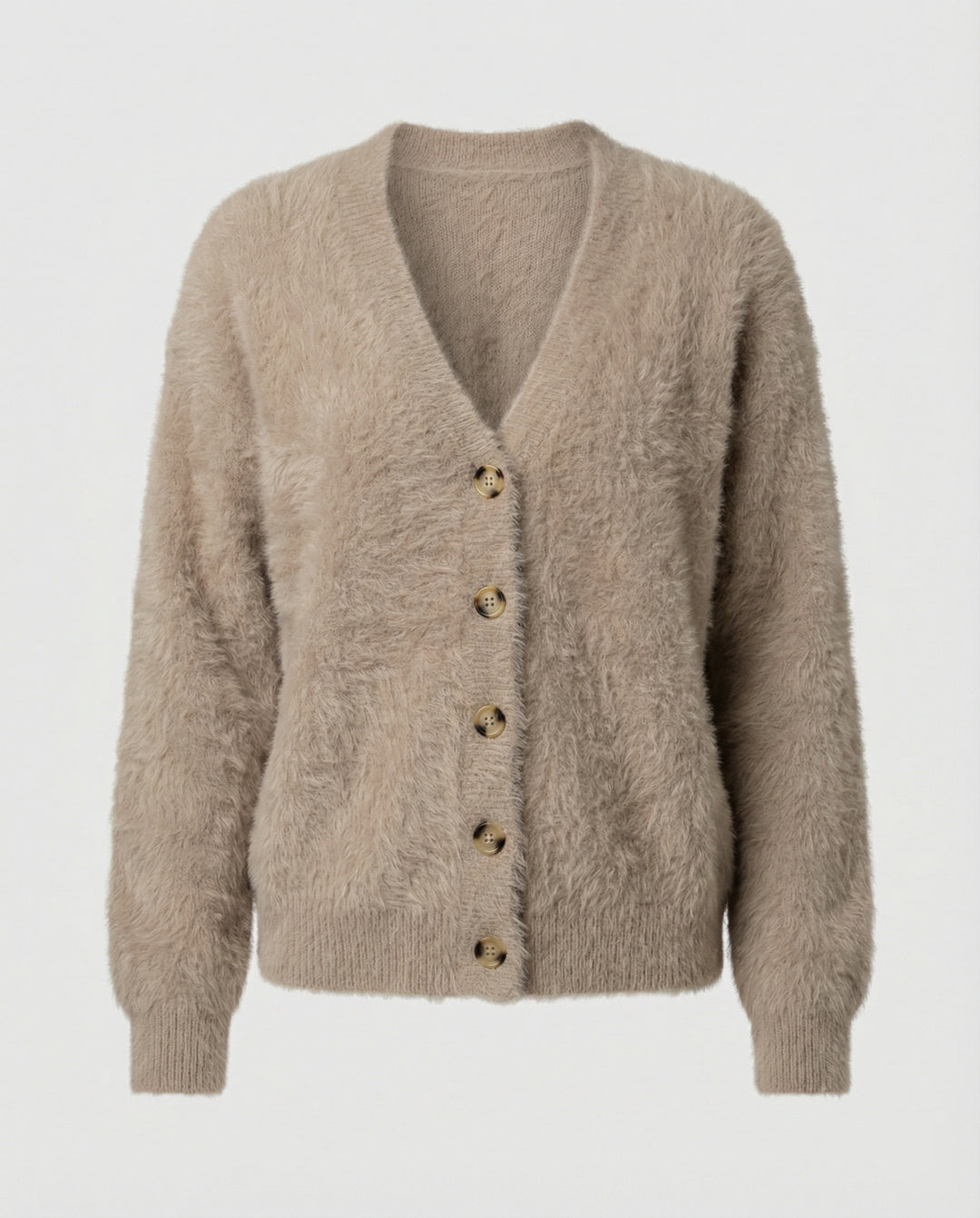 Strickjacke Damen flauschig mit großen Knöpfen und V-Ausschnitt