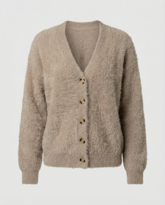 Strickjacke Damen flauschig mit großen Knöpfen und V-Ausschnitt