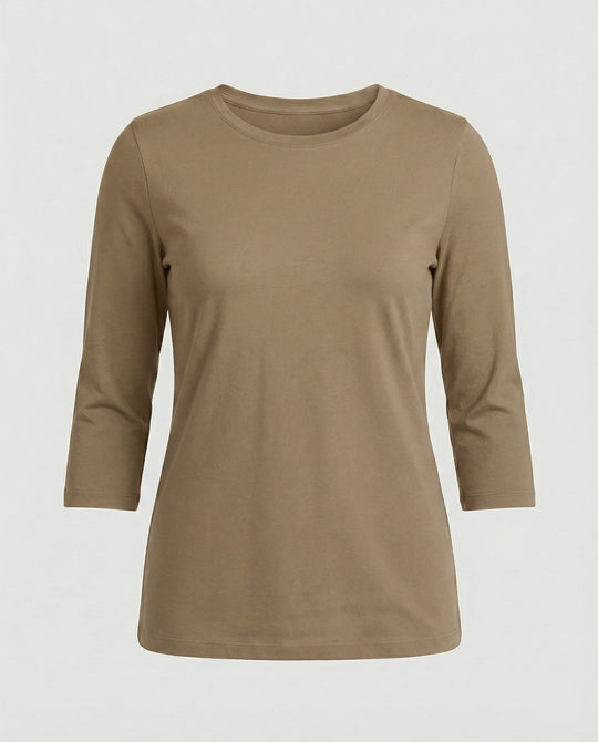 Damen Lässiges Oberteil mit Eleganten 3/4-Ärmeln und Geschwungenem Saum Heidi-Mode