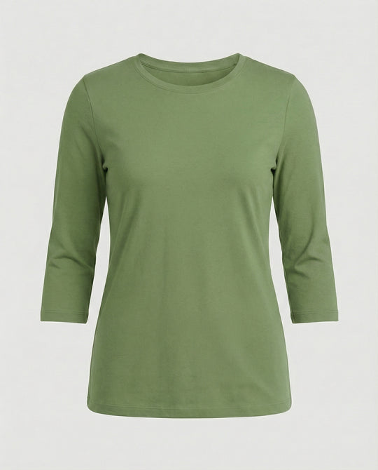 Damen Lässiges Oberteil mit Eleganten 3/4-Ärmeln und Geschwungenem Saum Heidi-Mode