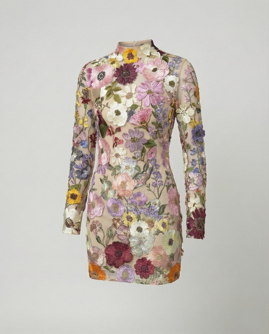 Minikleid mit floralen Applikationen und durchscheinender Optik