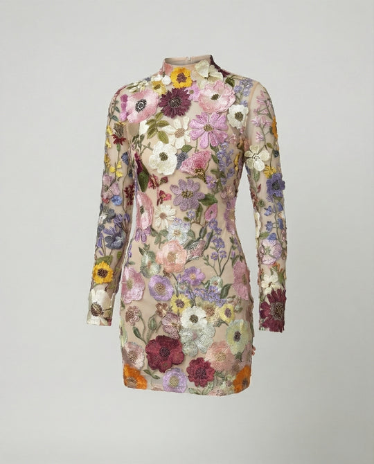 Minikleid mit floralen Applikationen und durchscheinender Optik