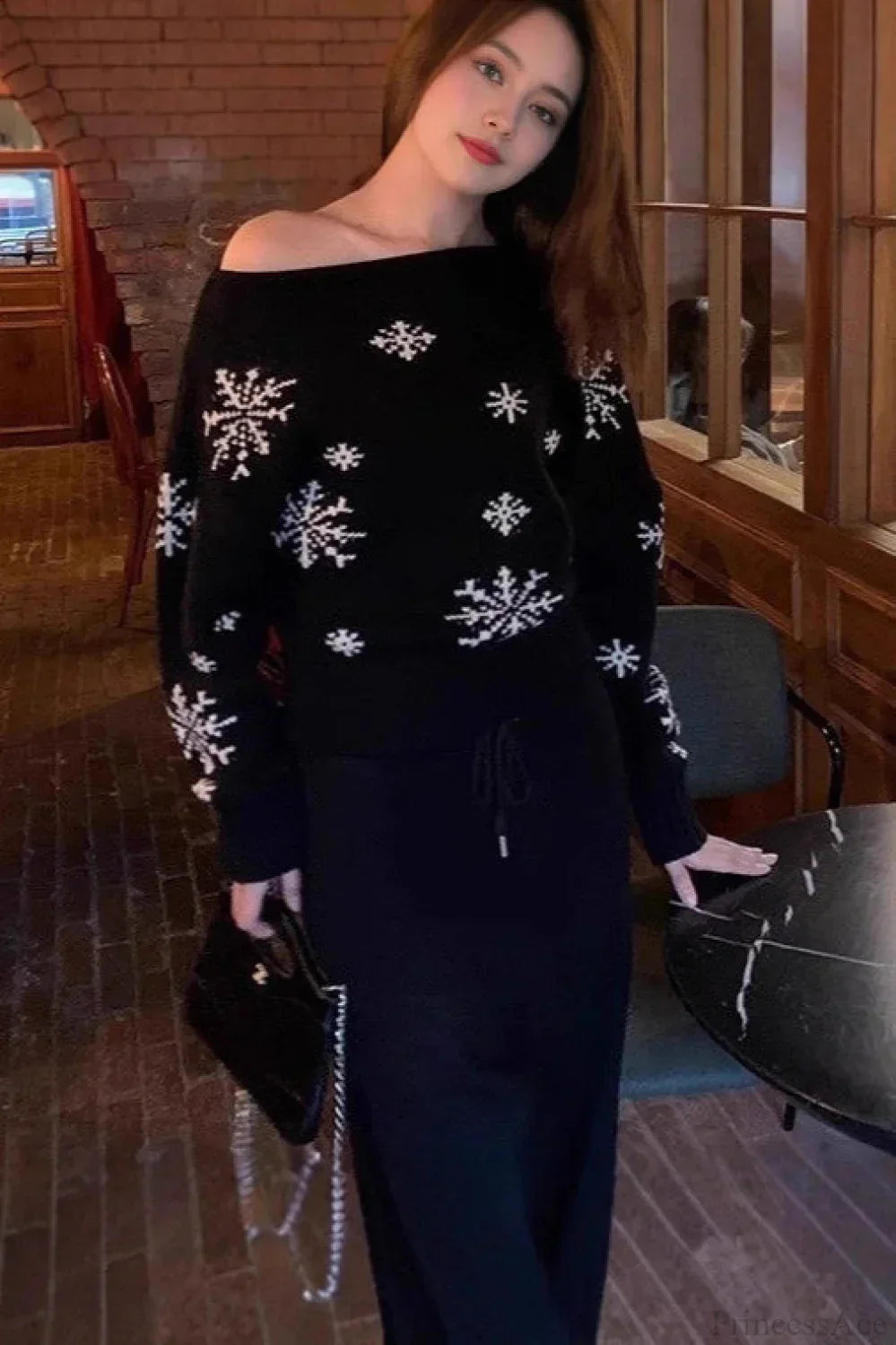 Heidi-Mode | Roter Schneeflocken Weihnachten Off Shoulder Pullover Sweater