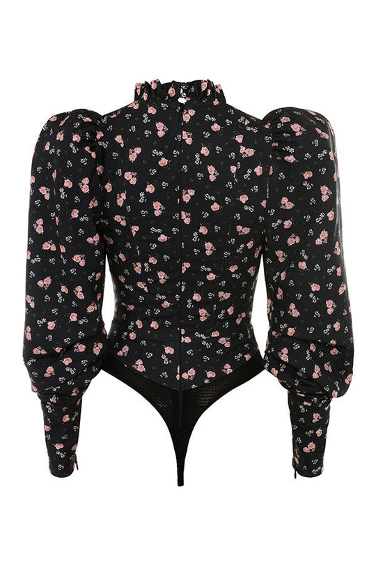 Heidi-Mode | Schwarzer Korsett Body mit Hohem Hals und Blumenmuster